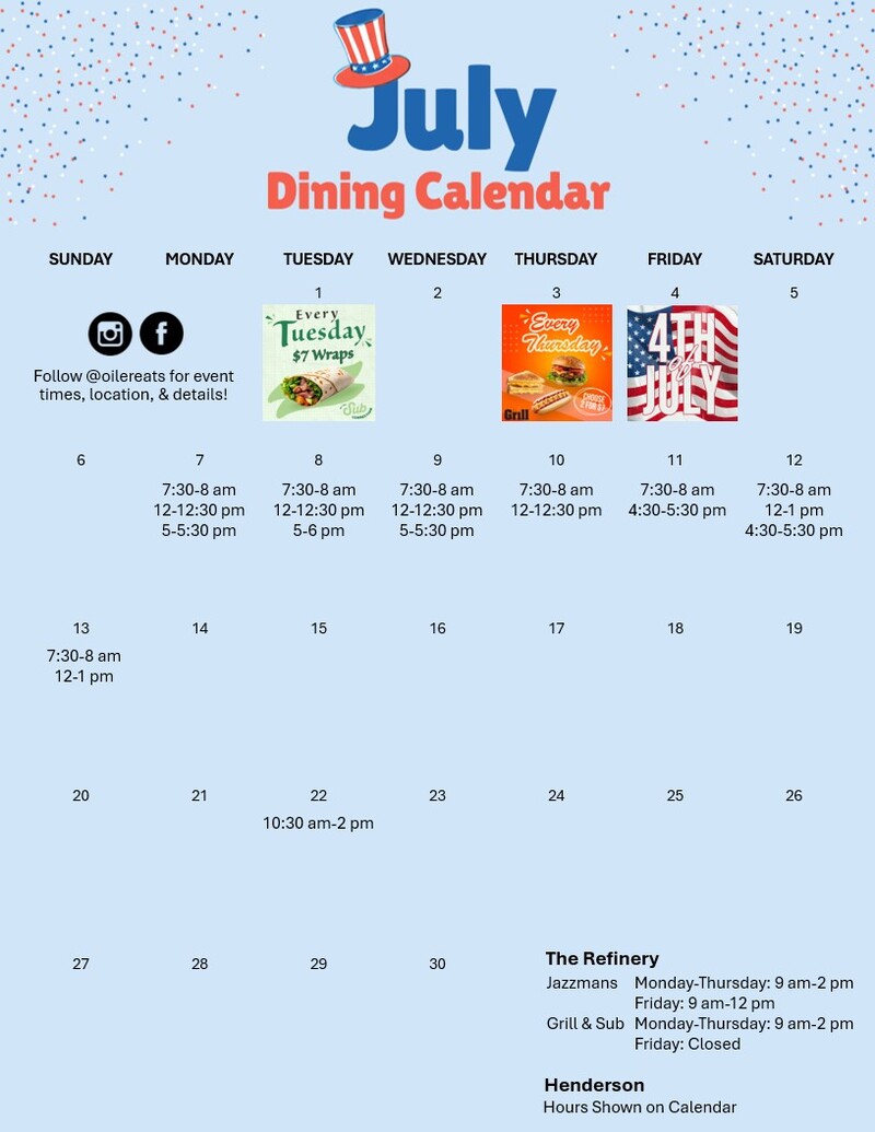 July Dining Services Calendar